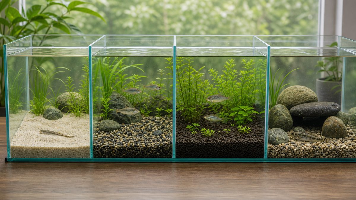魚種ごとに合う底砂を比較する水槽画像