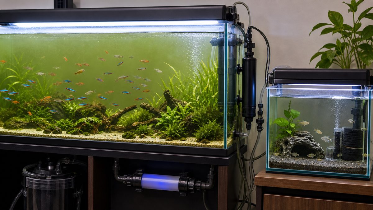 殺菌灯が必要な水槽の要点をまとめた淡水魚飼育インフォグラフィック