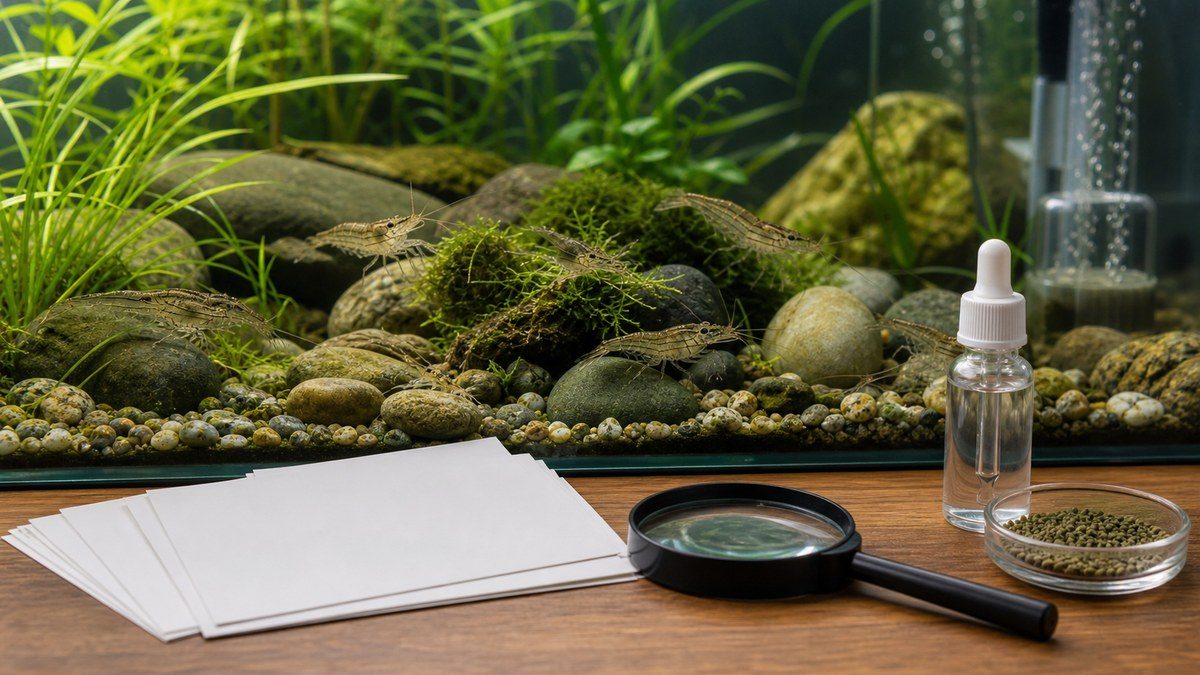 スジエビ水槽と白紙カード、拡大鏡、ドロッパーでFAQ確認を表した画像