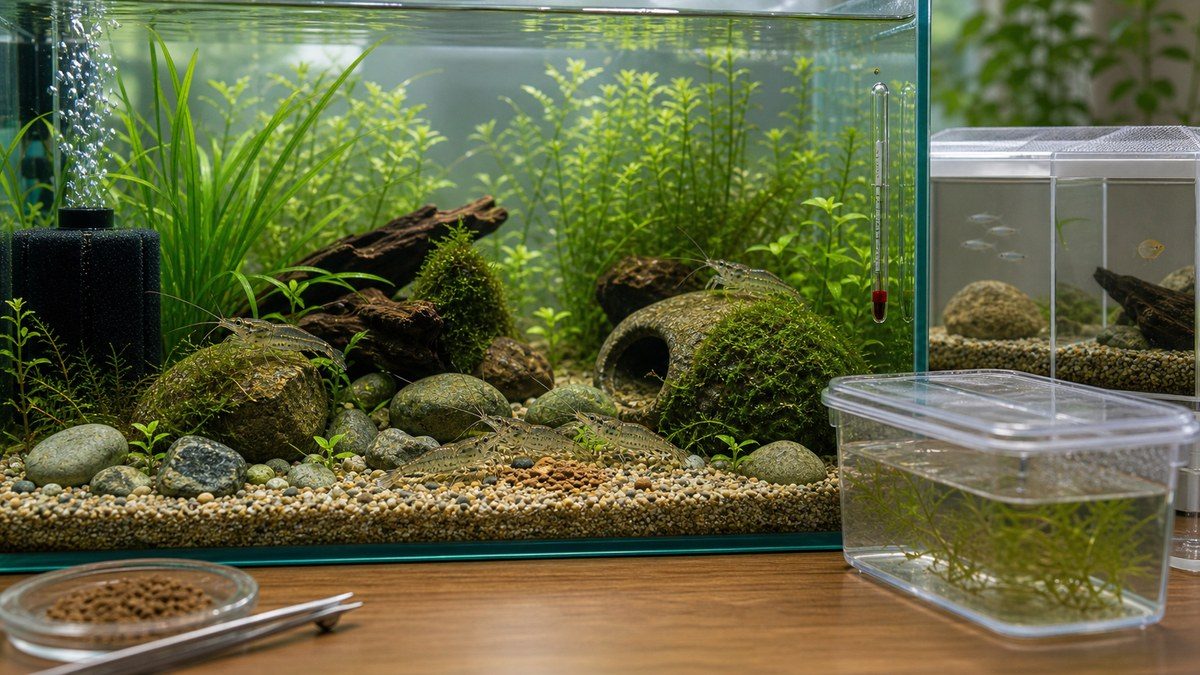 スジエビを長く飼育するための日常管理を示す水草水槽と小型容器