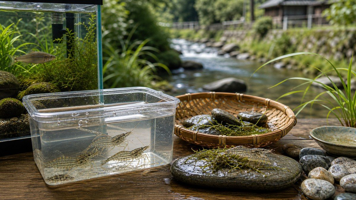 川辺の竹ざると観察容器でスジエビと日本の川魚文化を表した画像
