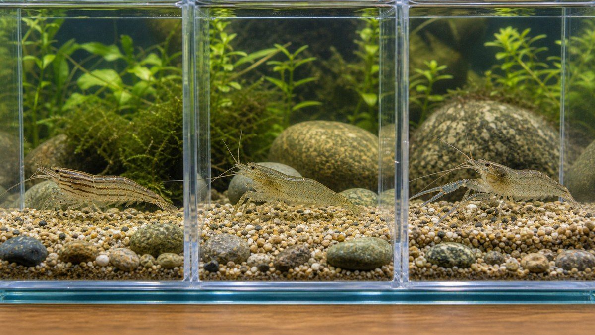 スジエビと他の淡水エビを区切った観察水槽で見比べる比較イメージ
