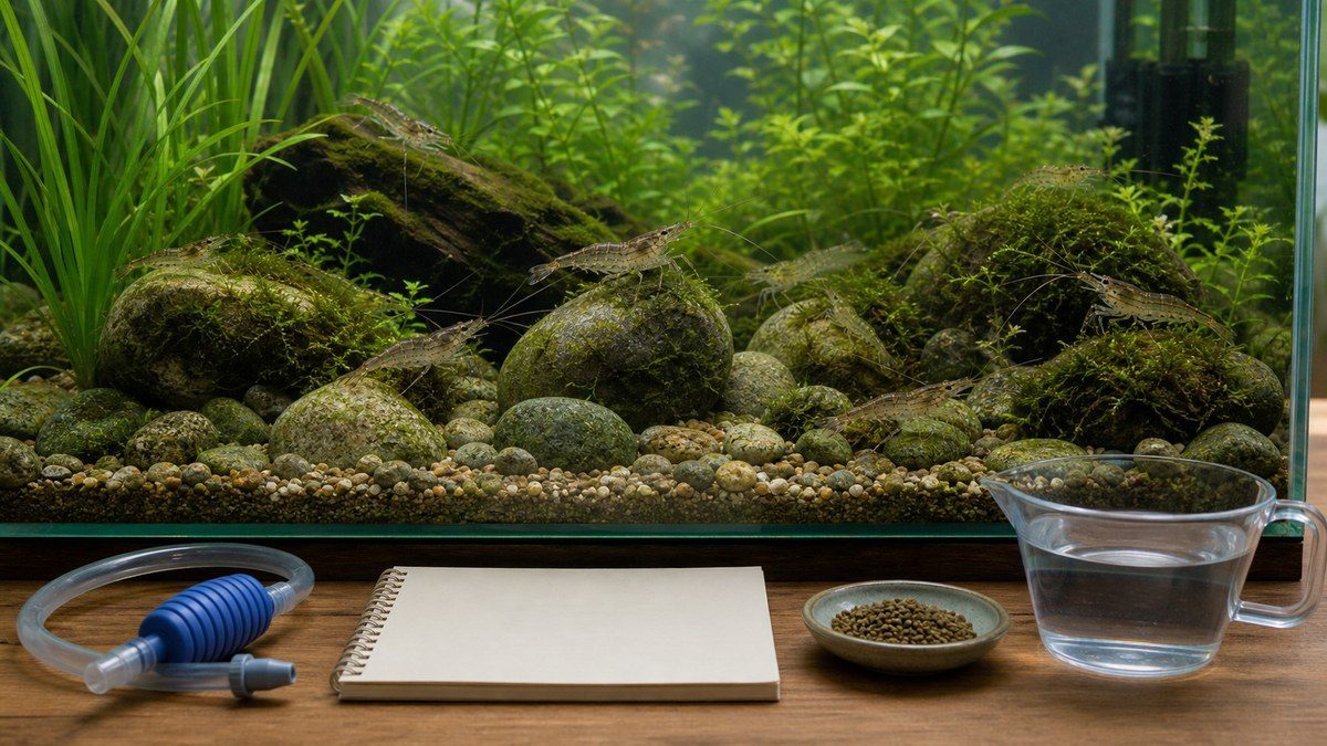 スジエビ水槽の前に餌皿と管理用品を置いた給餌方法の説明画像