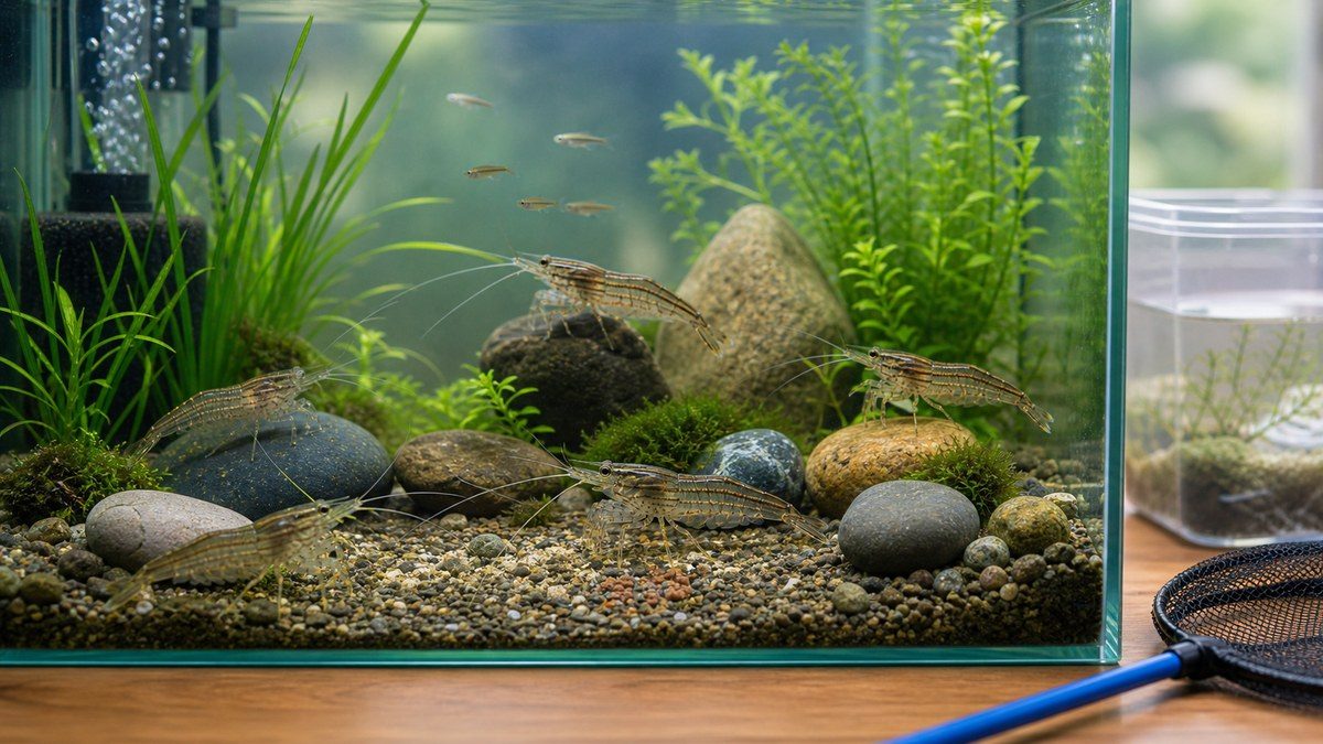 スジエビと小魚が同じ水槽内にいる混泳相性を確認するための水槽イメージ