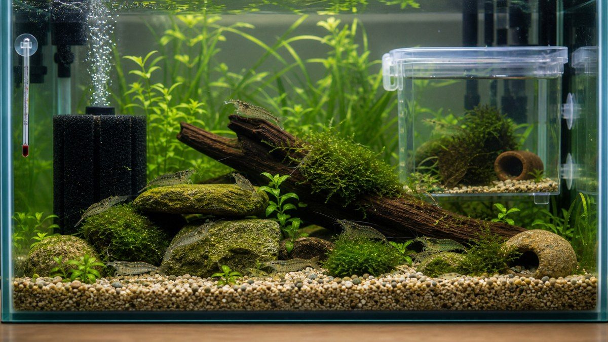 スジエビの繁殖と幼生管理を示す隔離容器付きの水草水槽