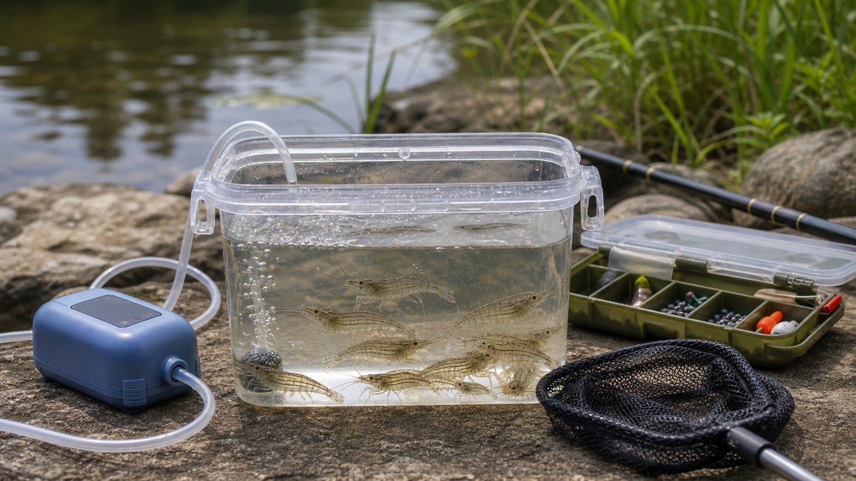 スジエビを活き餌として保存する容器・エアレーター・釣り道具の安全なイメージ