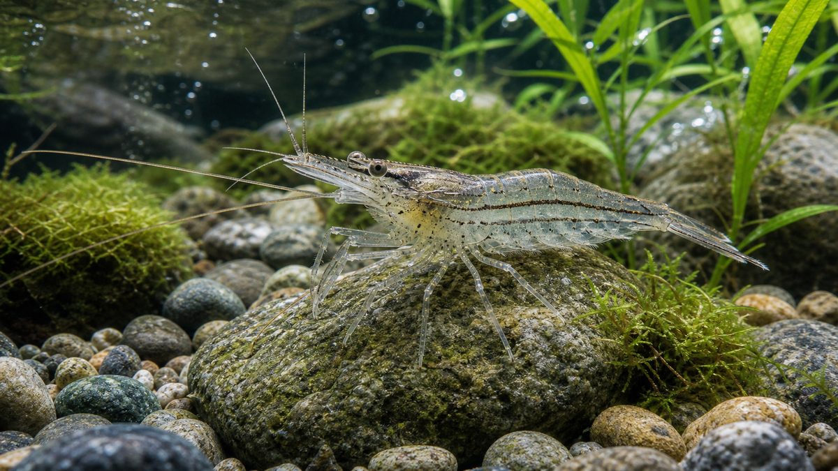 透明な体と細かな筋模様が見えるスジエビの特徴画像