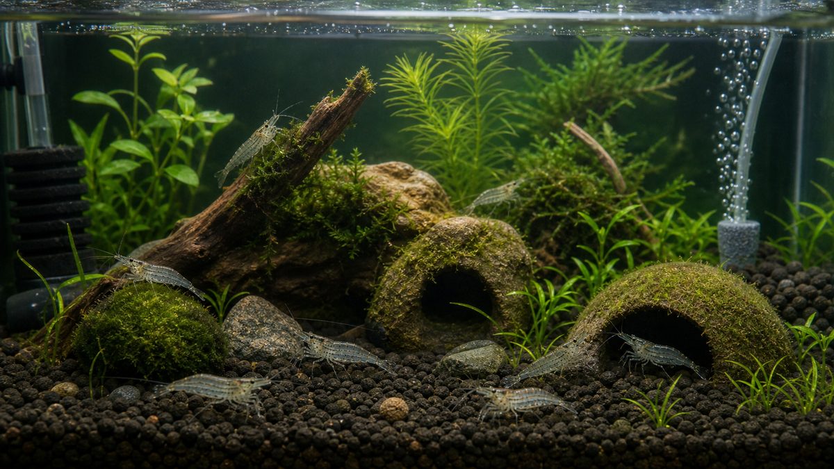 スジエビの水合わせと飼育水槽の準備を示す画像
