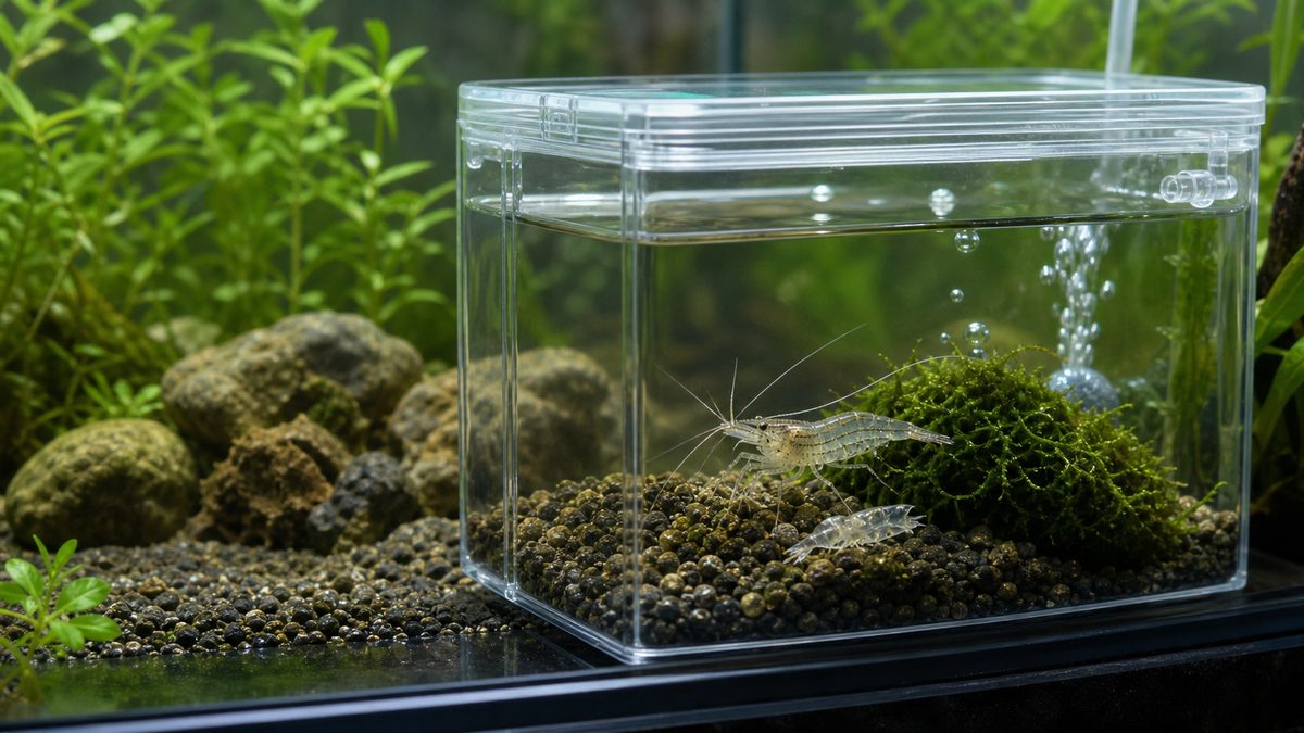 スジエビの脱皮殻と隔離観察を示す健康管理画像