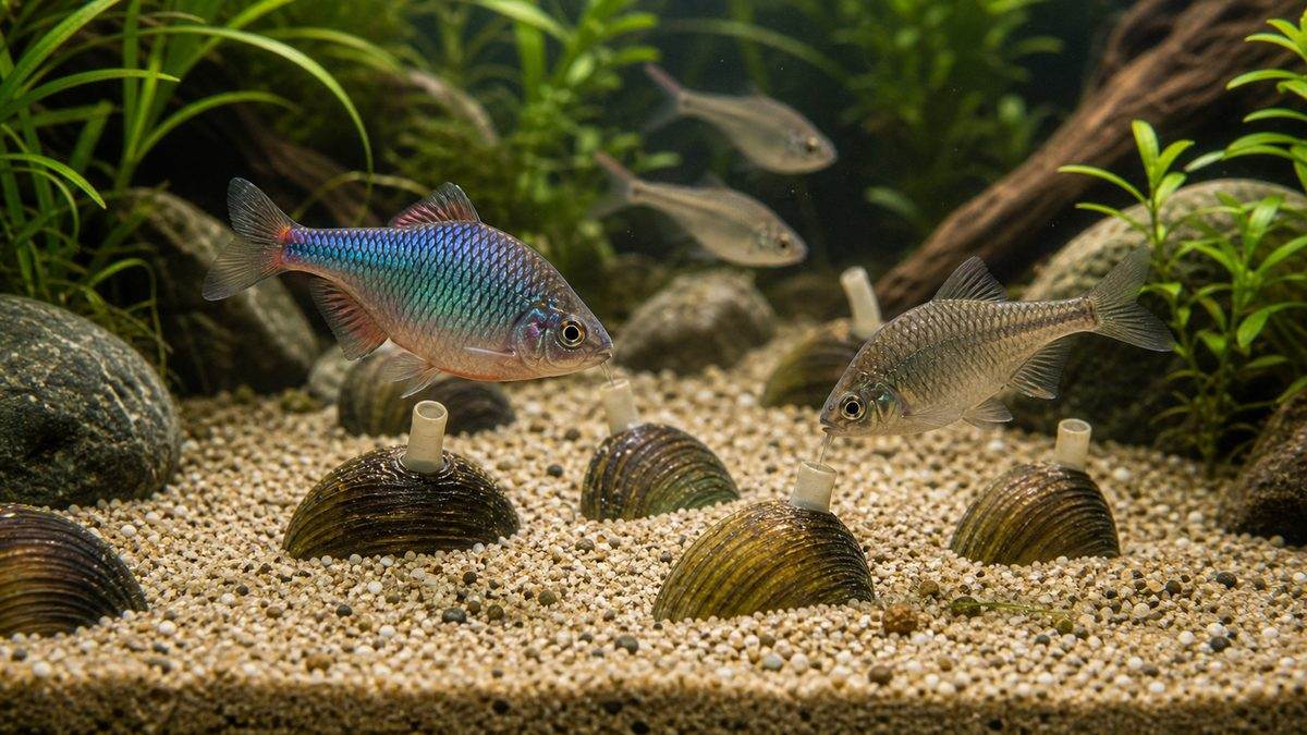 二枚貝の飼育・二枚貝を使った繁殖についての要点をまとめた淡水魚飼育インフォグラフィック