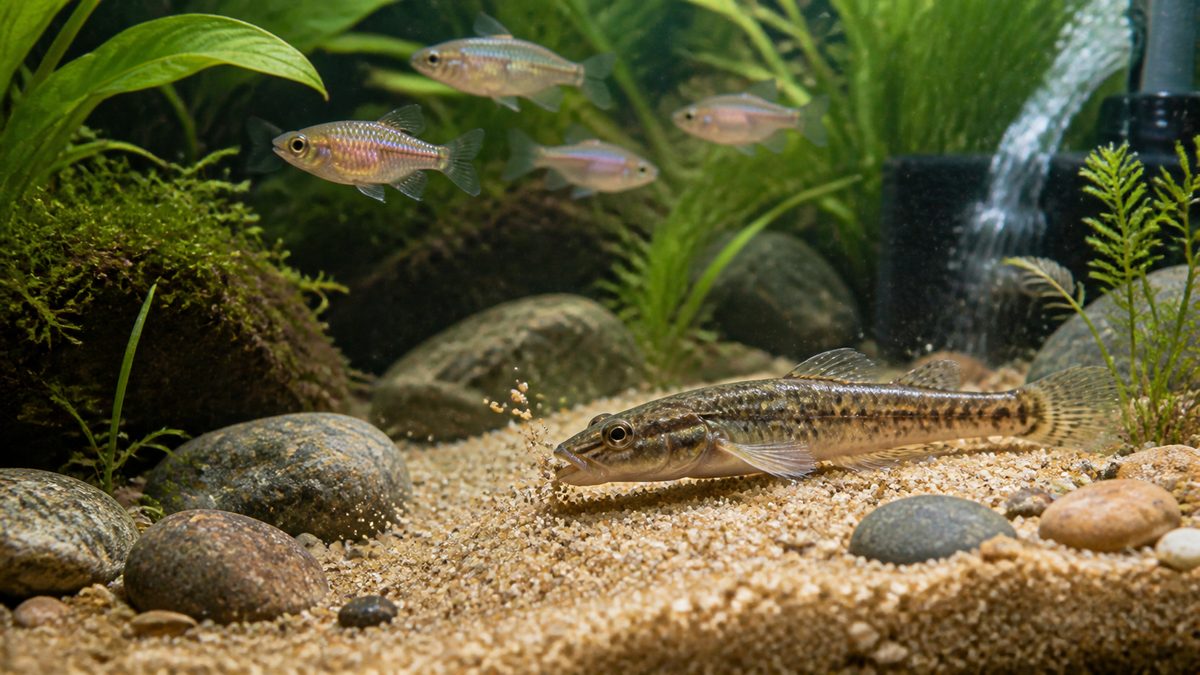 カマツカとの相性【★★★★☆ 砂を掃除する名脇役】の要点をまとめた淡水魚飼育インフォグラフィック