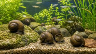 タニシが水草と底砂のある水槽でコケを食べる飼育ガイドのアイキャッチ