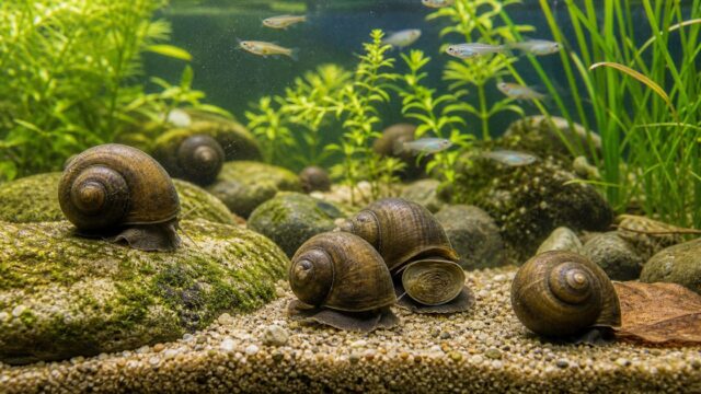 タニシが水草と底砂のある水槽でコケを食べる飼育ガイドのアイキャッチ