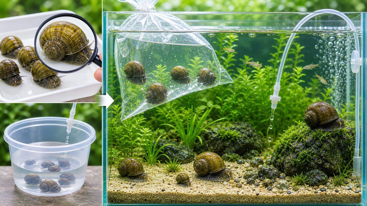 タニシの入手・採集と飼育の心構えの要点をまとめた淡水魚飼育インフォグラフィック