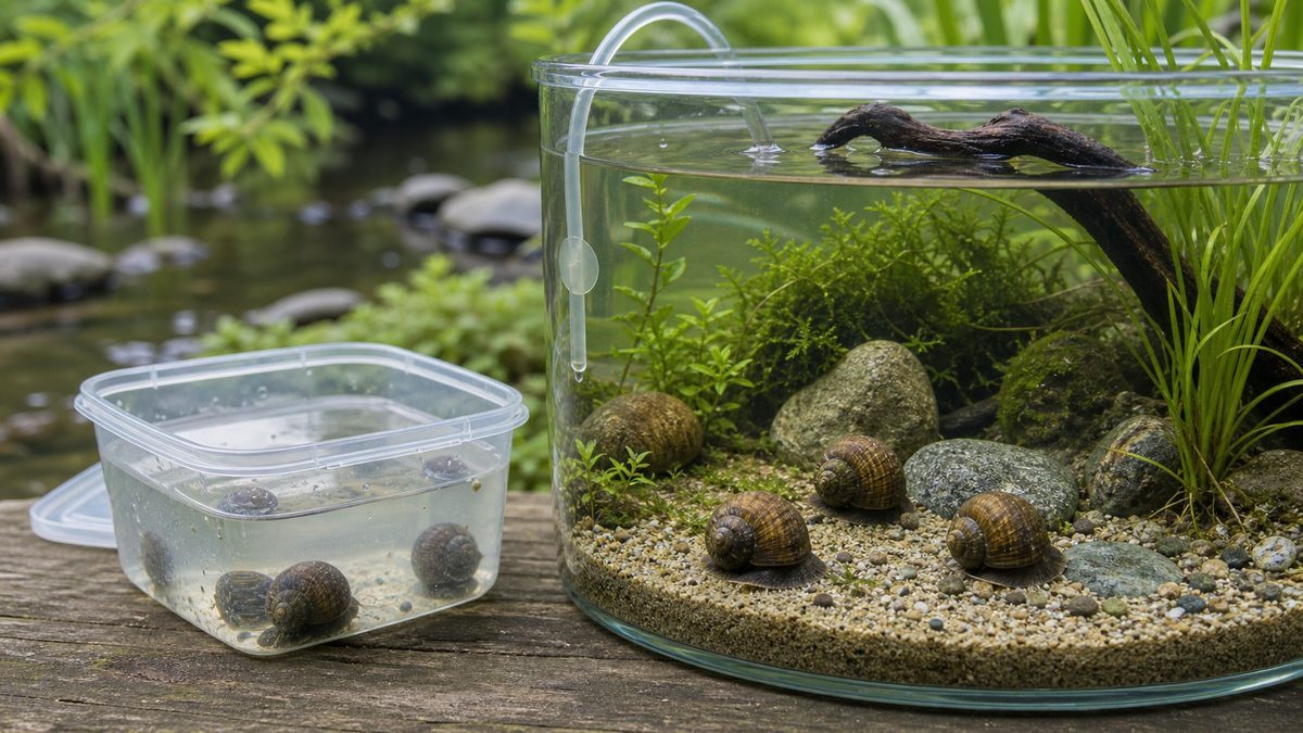タニシを水合わせ用容器から水草水槽へ導入する入手と採集の画像
