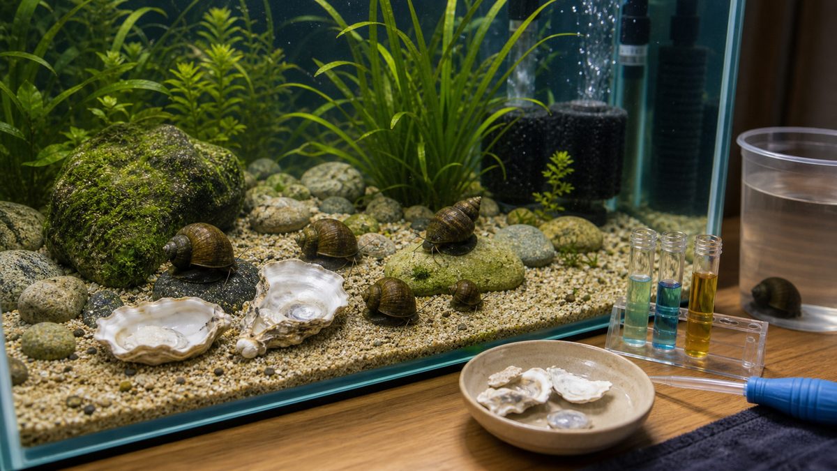 タニシの殻を守るカルシウム源、水質検査、隔離容器を用意したトラブル対策画像