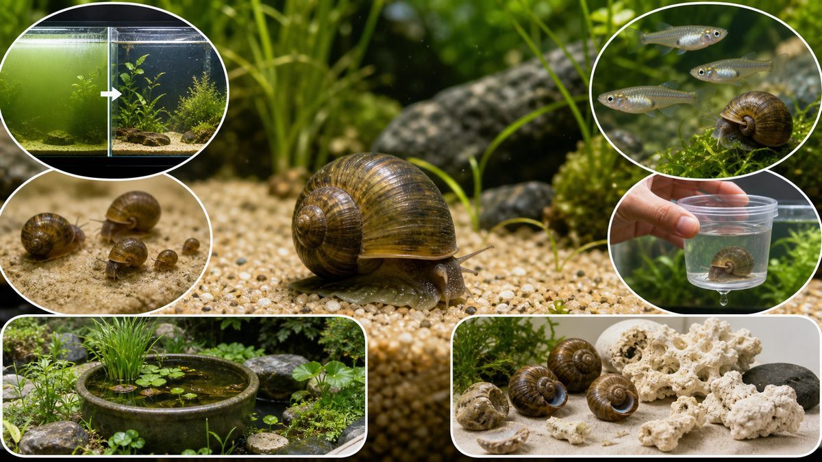タニシの飼育に関するよくある質問（FAQ）の要点をまとめた淡水魚飼育インフォグラフィック