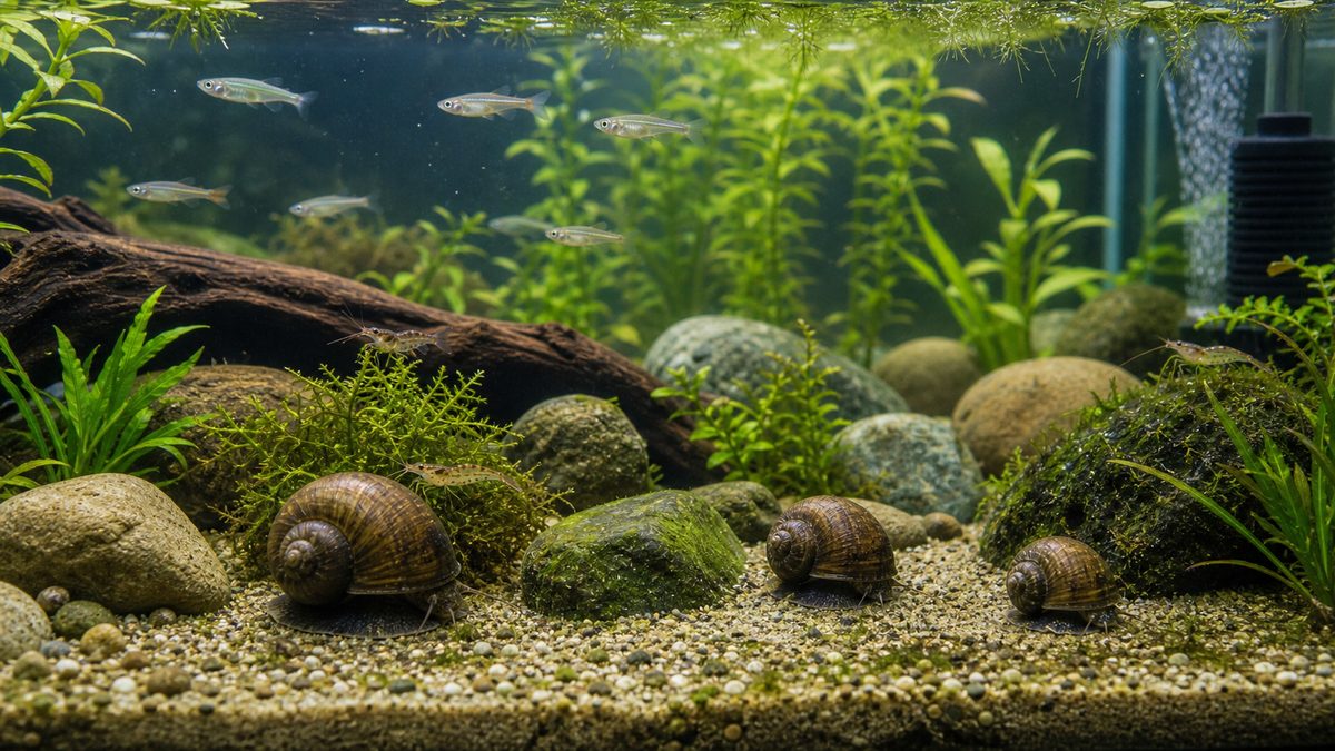 タニシ、メダカ、エビが暮らす安定した水草水槽のFAQ向け画像