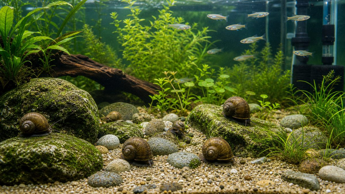 タニシが水草と底砂のある水槽で水辺を支えるまとめ画像