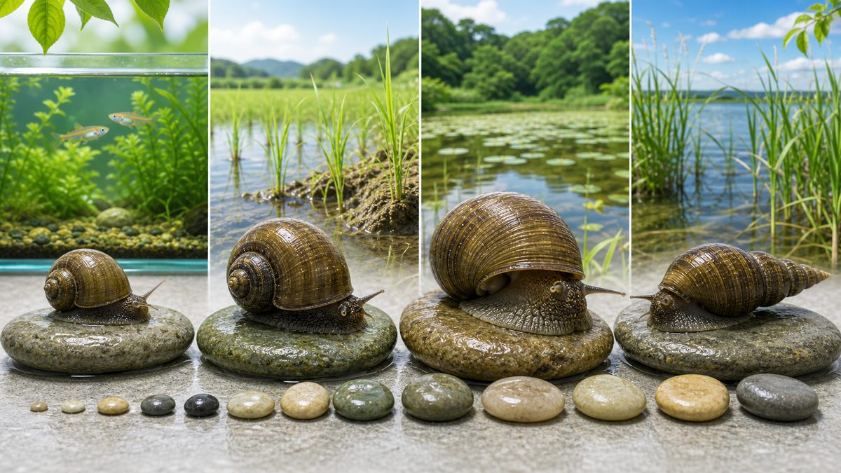 日本に生息するタニシの種類と見分け方の要点をまとめた淡水魚飼育インフォグラフィック