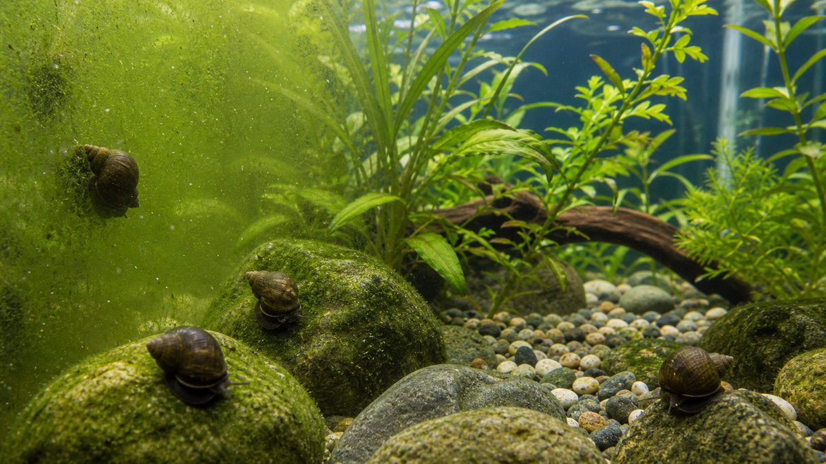 タニシがコケや水中の微粒子を食べて水を澄ませる水槽画像