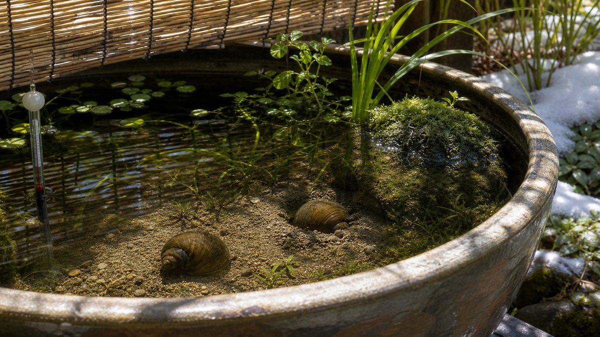 日陰の屋外ビオトープでタニシが底砂に潜り越冬する季節管理画像