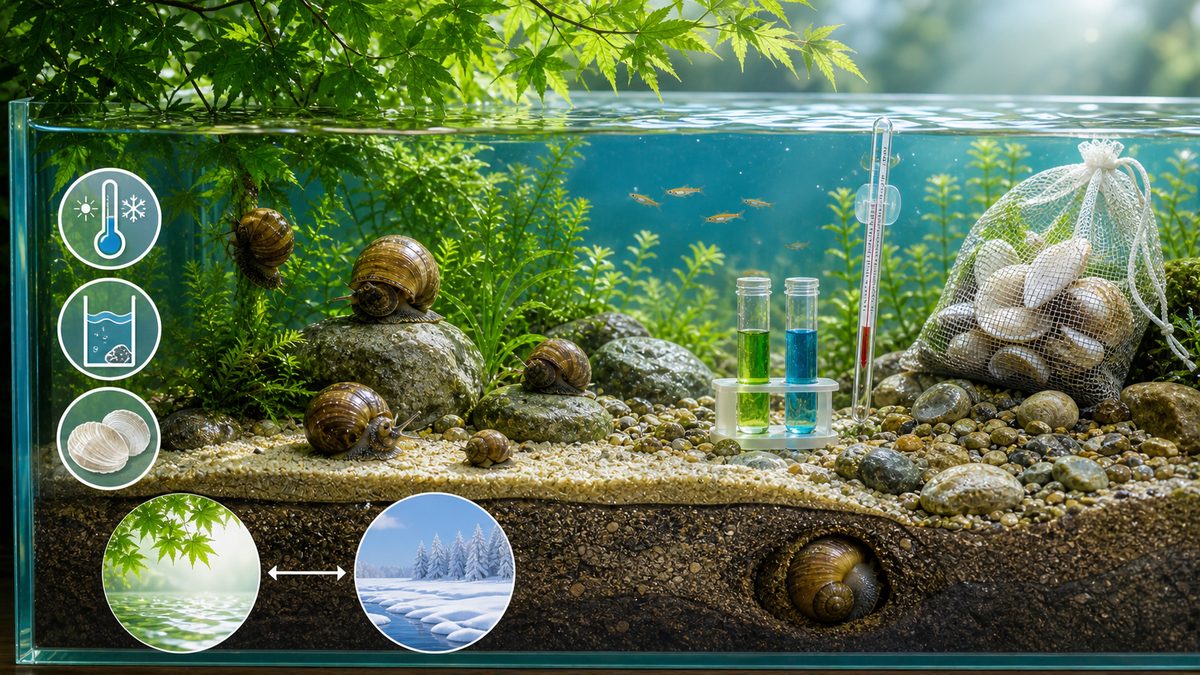 タニシの水質・水温と冬眠（越冬）の要点をまとめた淡水魚飼育インフォグラフィック