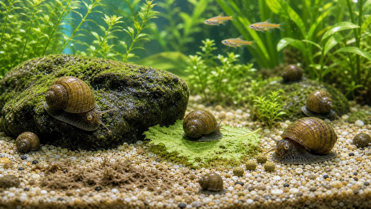 タニシの餌：デトリタス食と補助餌の与え方の要点をまとめた淡水魚飼育インフォグラフィック