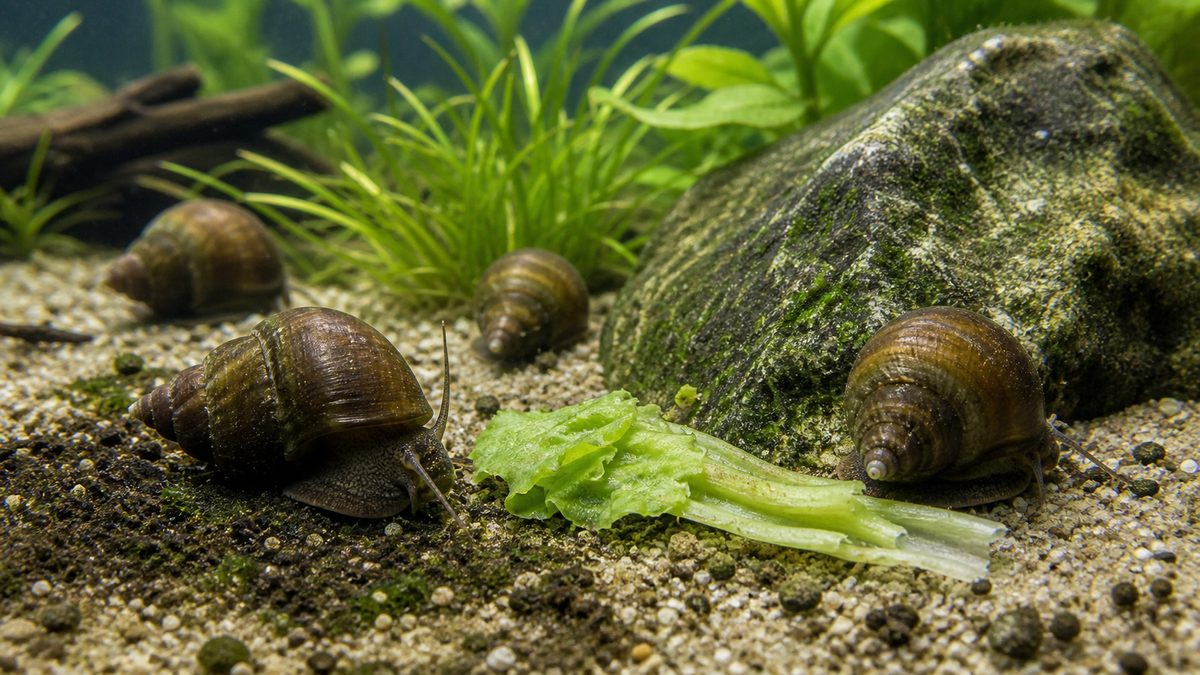 タニシがデトリタスや植物質の補助餌を食べる給餌画像
