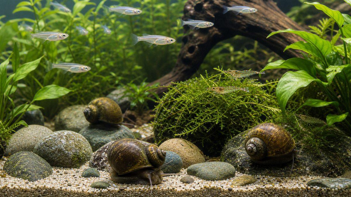 タニシとメダカ、淡水エビが水草水槽で穏やかに混泳する画像