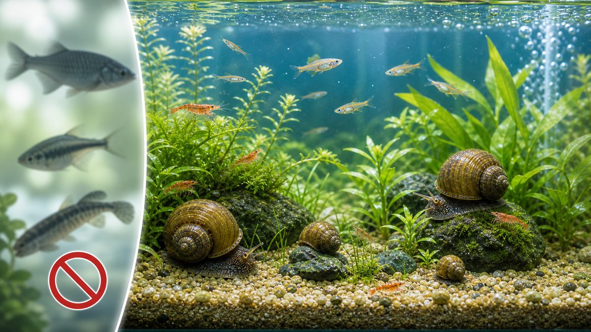 タニシと他の生き物の混泳ガイドの要点をまとめた淡水魚飼育インフォグラフィック