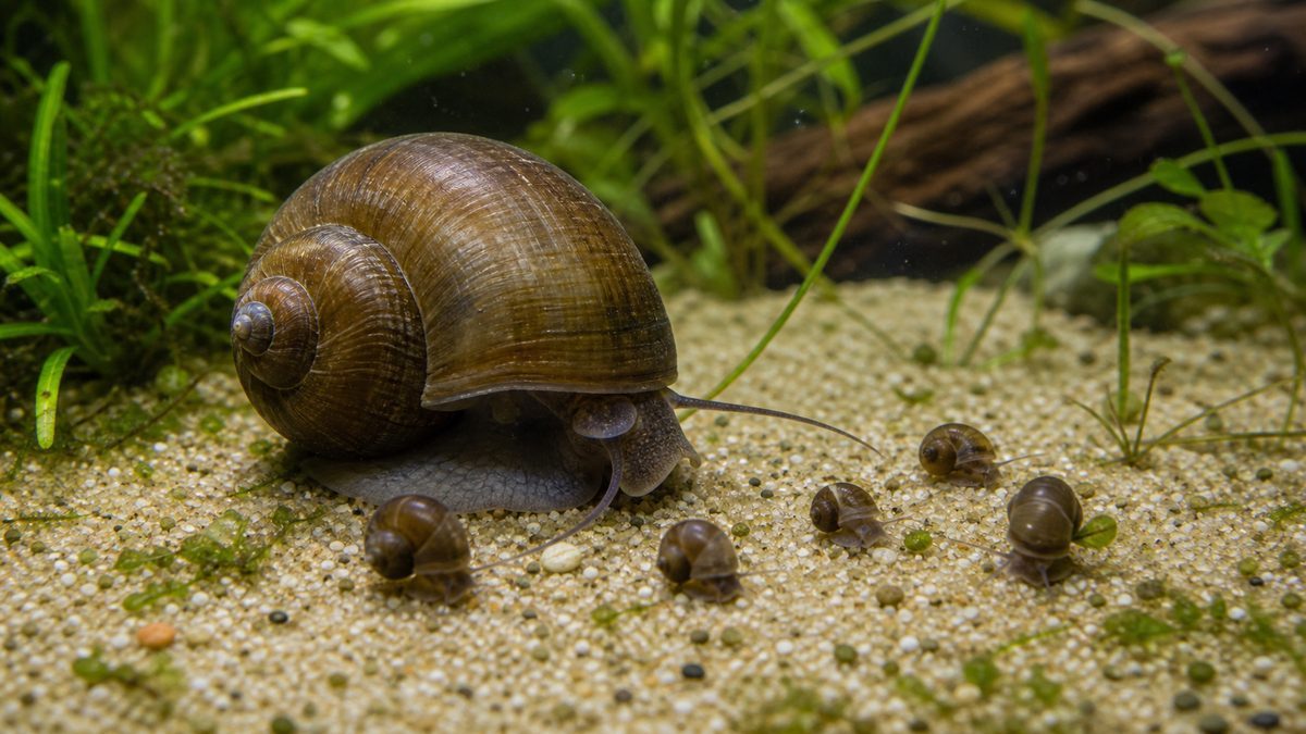 親タニシの近くに小さな稚貝がいる卵胎生繁殖の画像