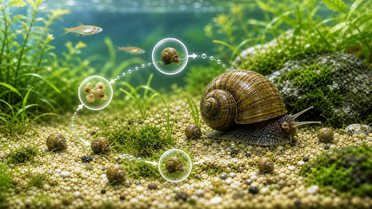 タニシの繁殖：卵胎生の仕組みと増えすぎ管理の要点をまとめた淡水魚飼育インフォグラフィック