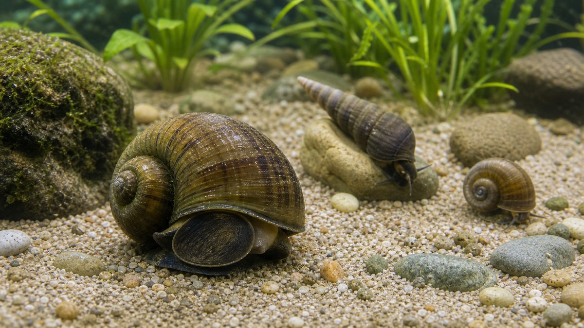 タニシと紛らわしい淡水貝を水槽内で見比べる画像