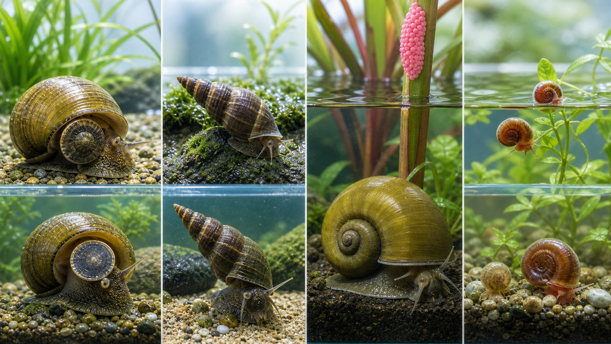 タニシと紛らわしい貝の見分け方の要点をまとめた淡水魚飼育インフォグラフィック