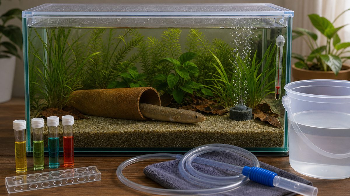 タウナギ水槽の水温と水質管理を示す画像