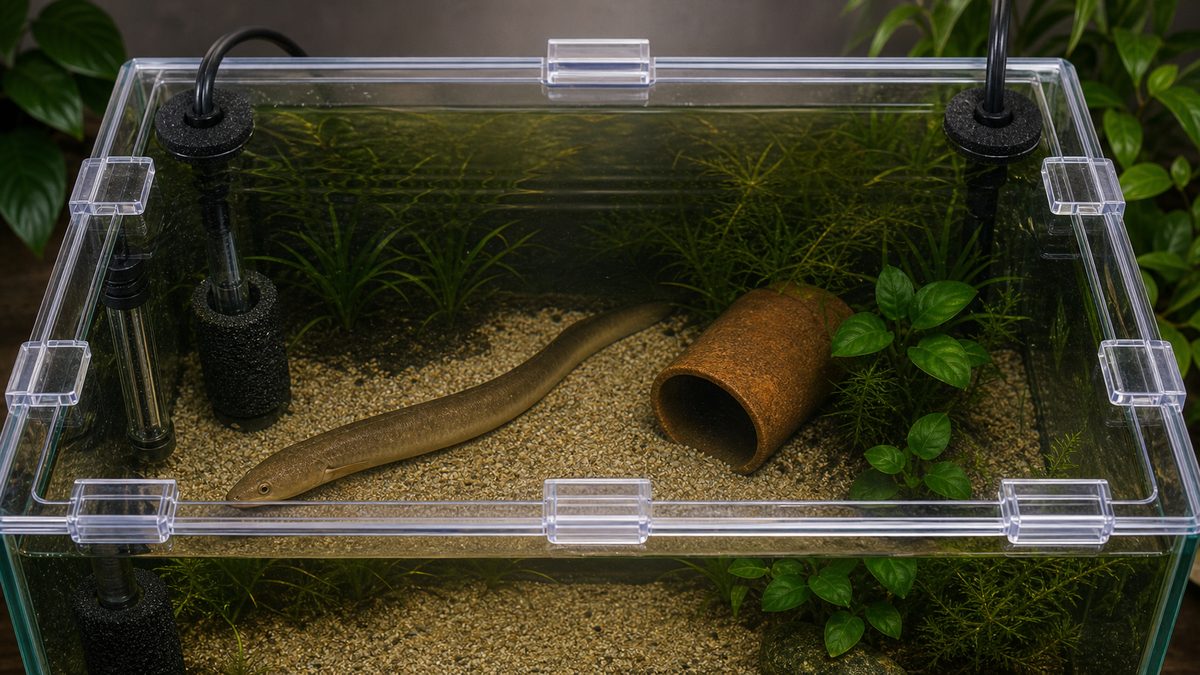 タウナギ水槽の脱走防止フタと隙間対策を示す画像