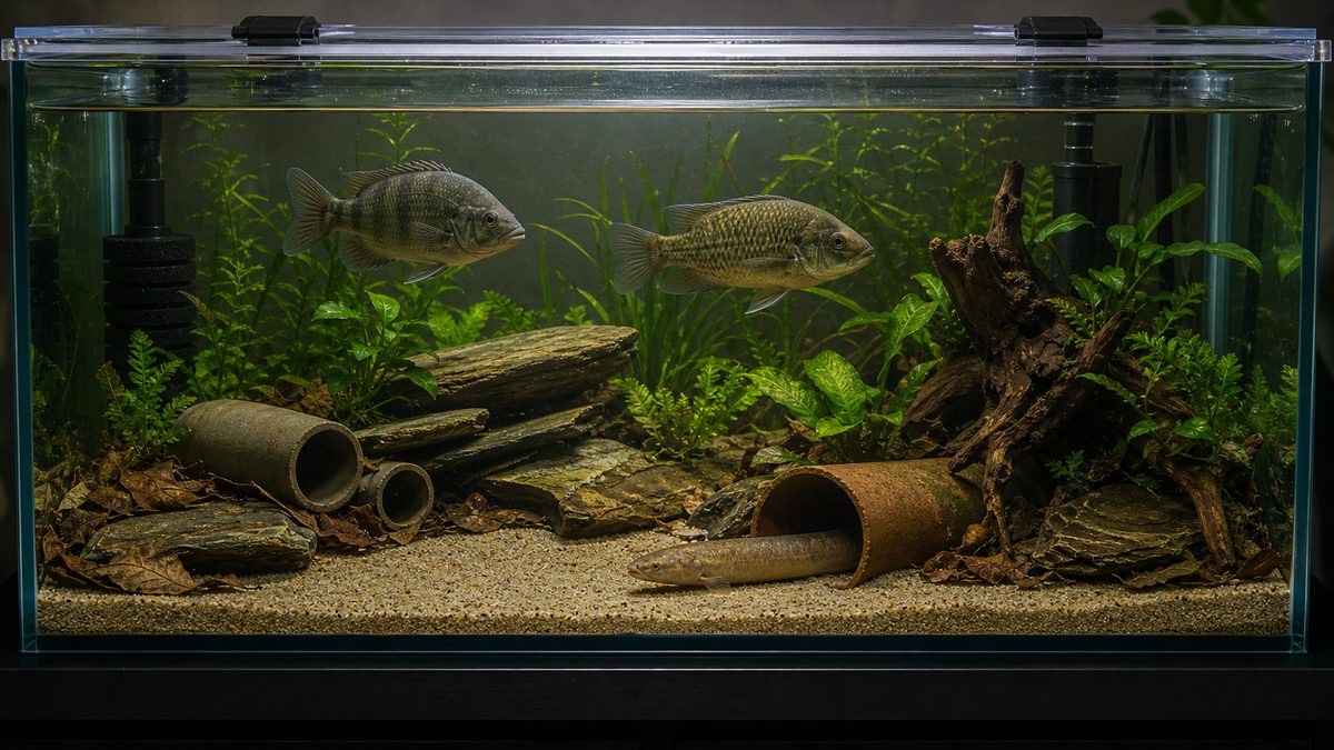 タウナギと混泳魚の距離を保つ大型水槽を示す画像