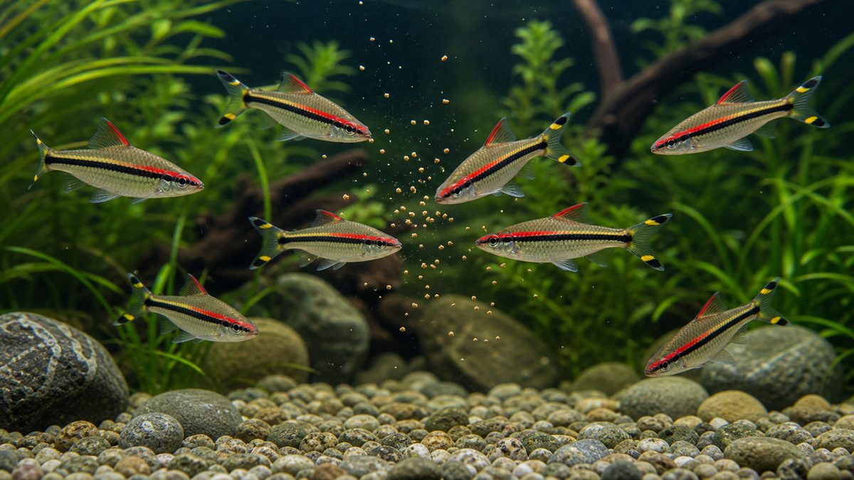 餌の与え方｜雑食性で選り好みしないの要点をまとめた淡水魚飼育インフォグラフィック