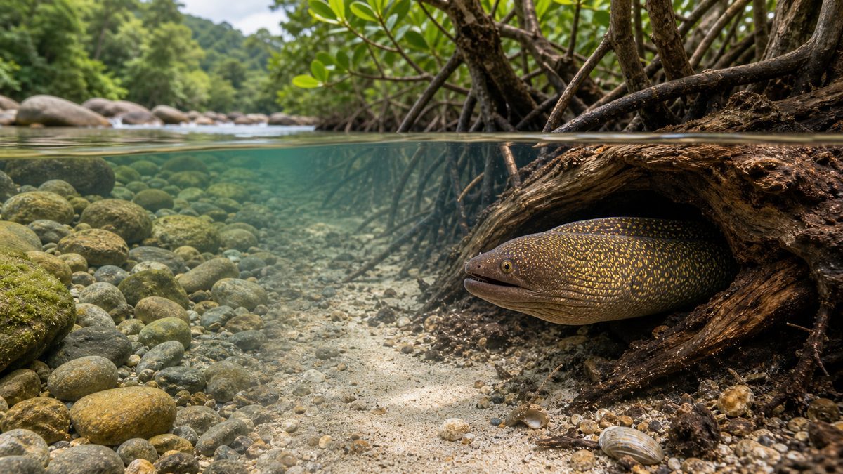 淡水ウツボが汽水域の環境にすむ魚であることを示す自然調の画像