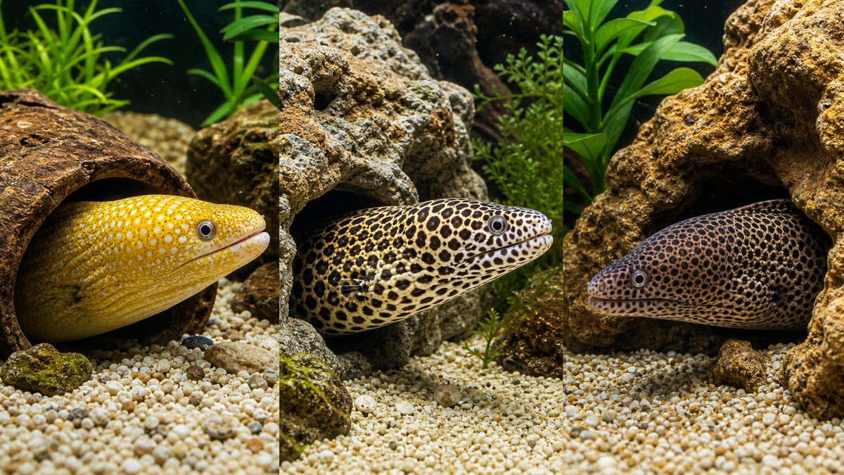 イエローフレークモレイなど淡水ウツボの種類差を比較する画像
