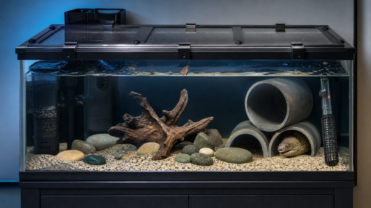 淡水ウツボ飼育に必要な大型水槽とフタ・シェルターを示す画像