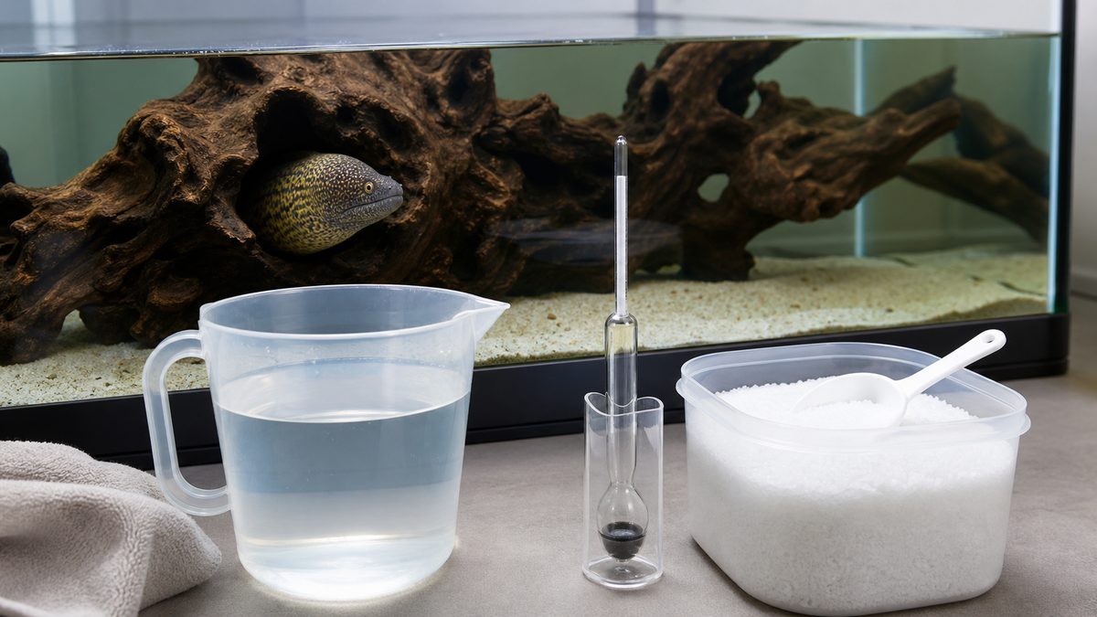 汽水飼育に必要な塩分調整と比重確認を示す画像