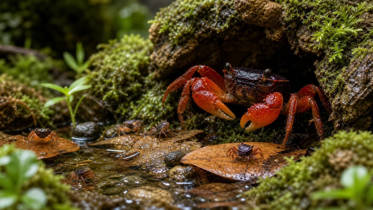 抱卵したバンパイアクラブと稚ガニを育てる繁殖環境の画像