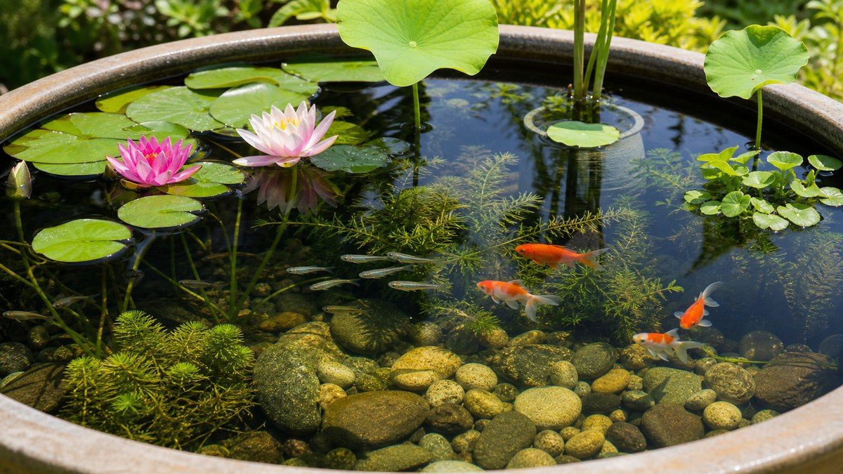睡蓮と蓮の容器でメダカと金魚が泳ぐ共存ビオトープ画像