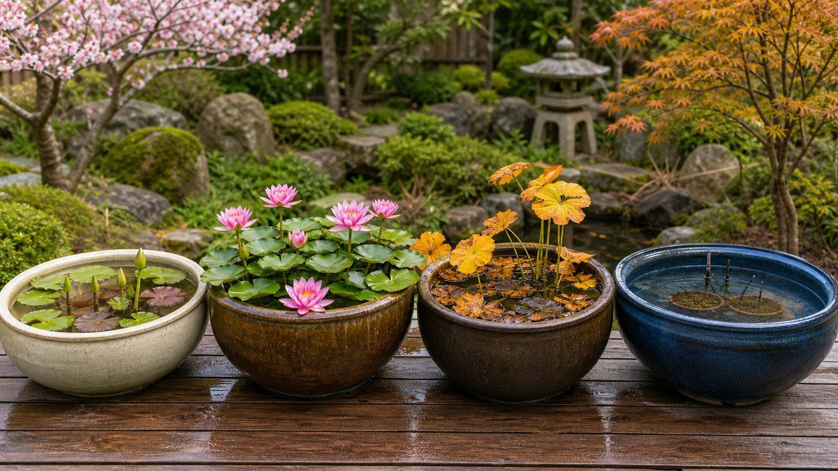 季節ごとの睡蓮と蓮の鉢を並べて年間管理を示す画像