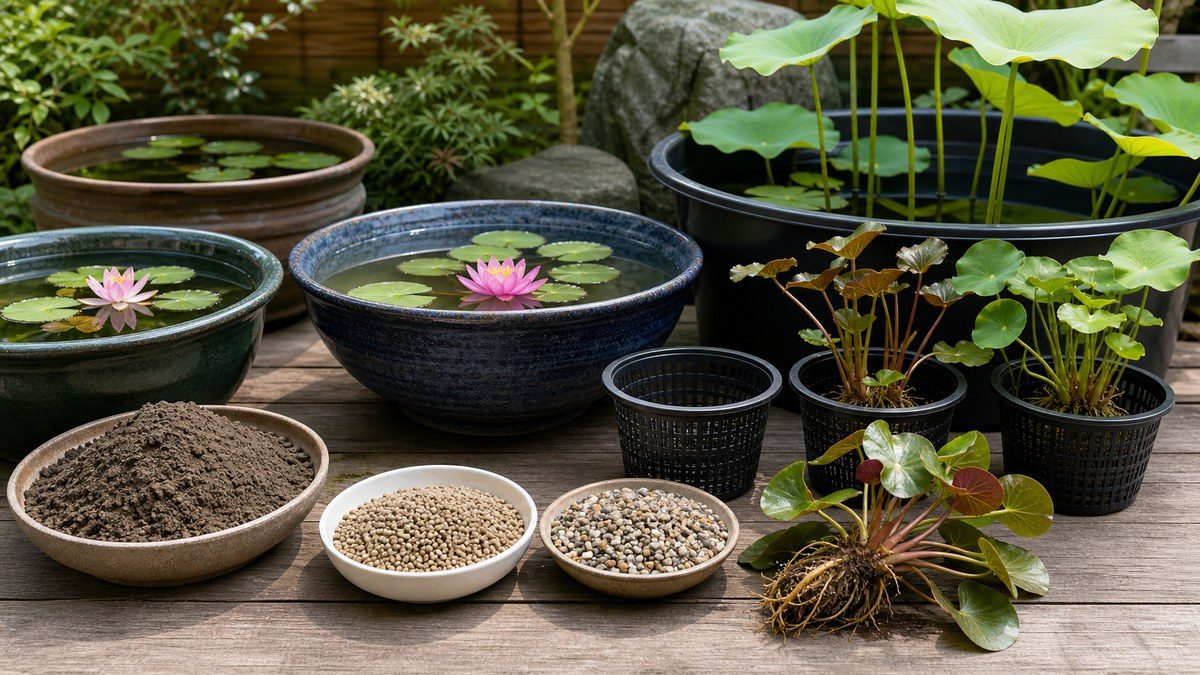 睡蓮鉢・蓮鉢・荒木田土・肥料・植え込み材を並べた用品選び画像