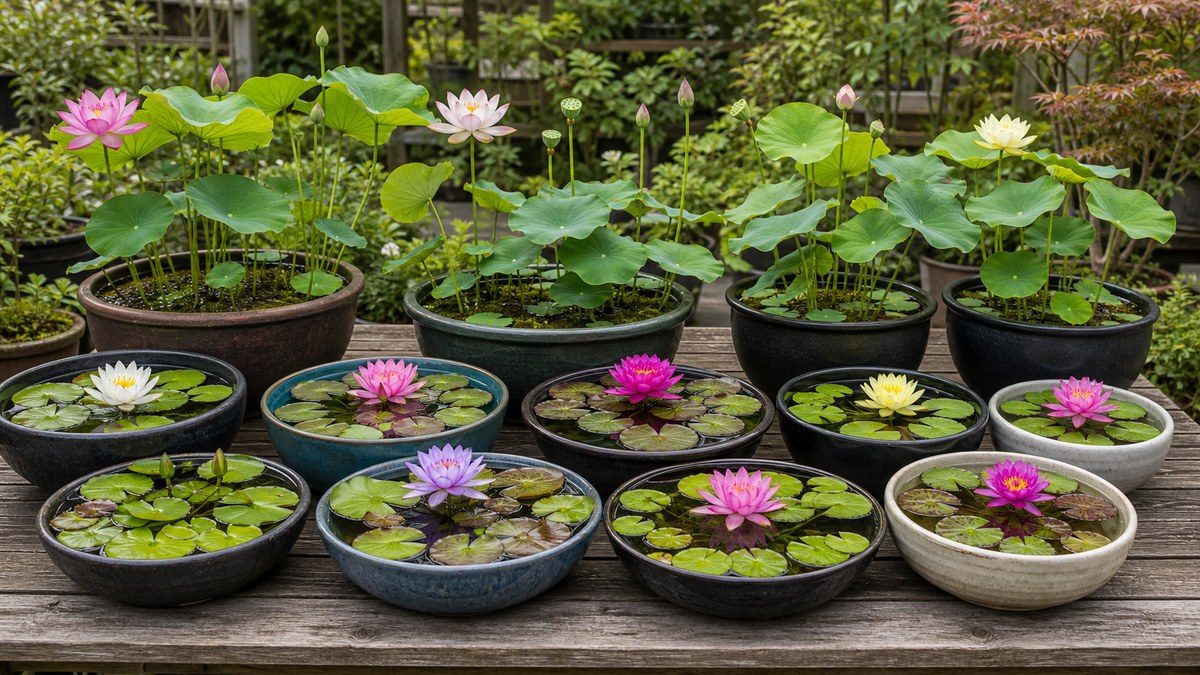 初心者向けに選びやすい睡蓮と蓮の鉢植え品種を並べた画像