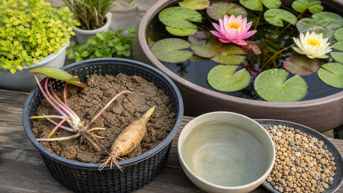 睡蓮と蓮の根茎・荒木田土・植え付け鉢を使った植え付け手順の画像