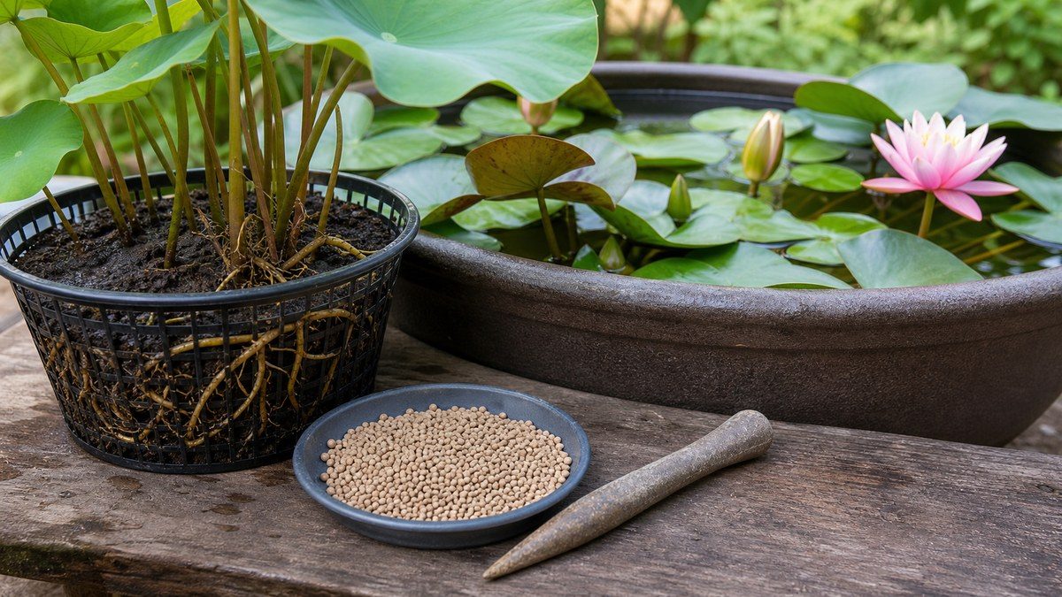 睡蓮と蓮の鉢に使う固形肥料と植え込み鉢を写した追肥管理画像